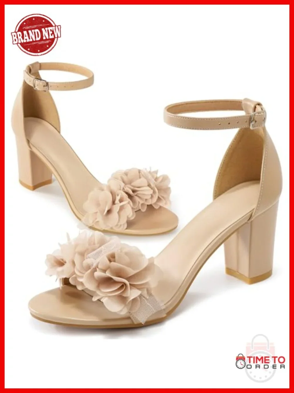 Women's 3-Inch Block Heel Sandals with Flower Applique & Adjustable Ankle Strap